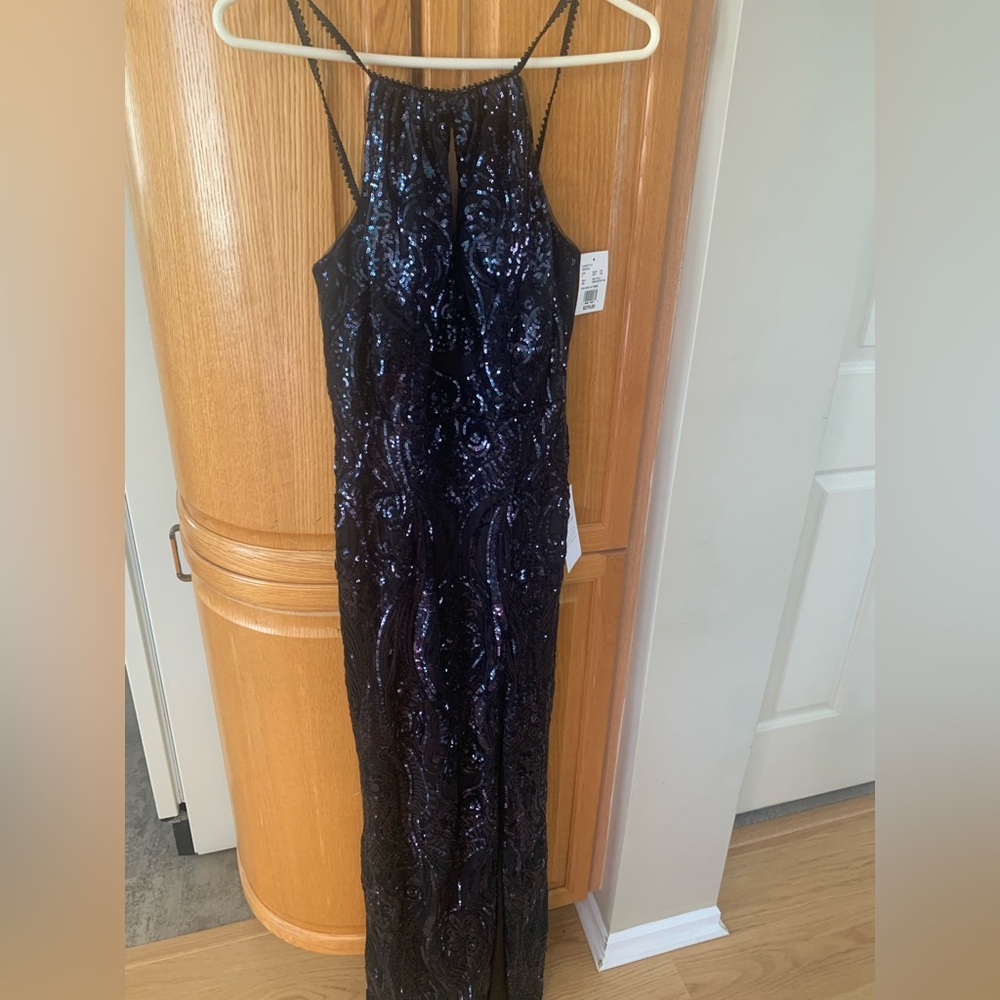 Navy Blue Sequin Halter Maxi Dress for Prom